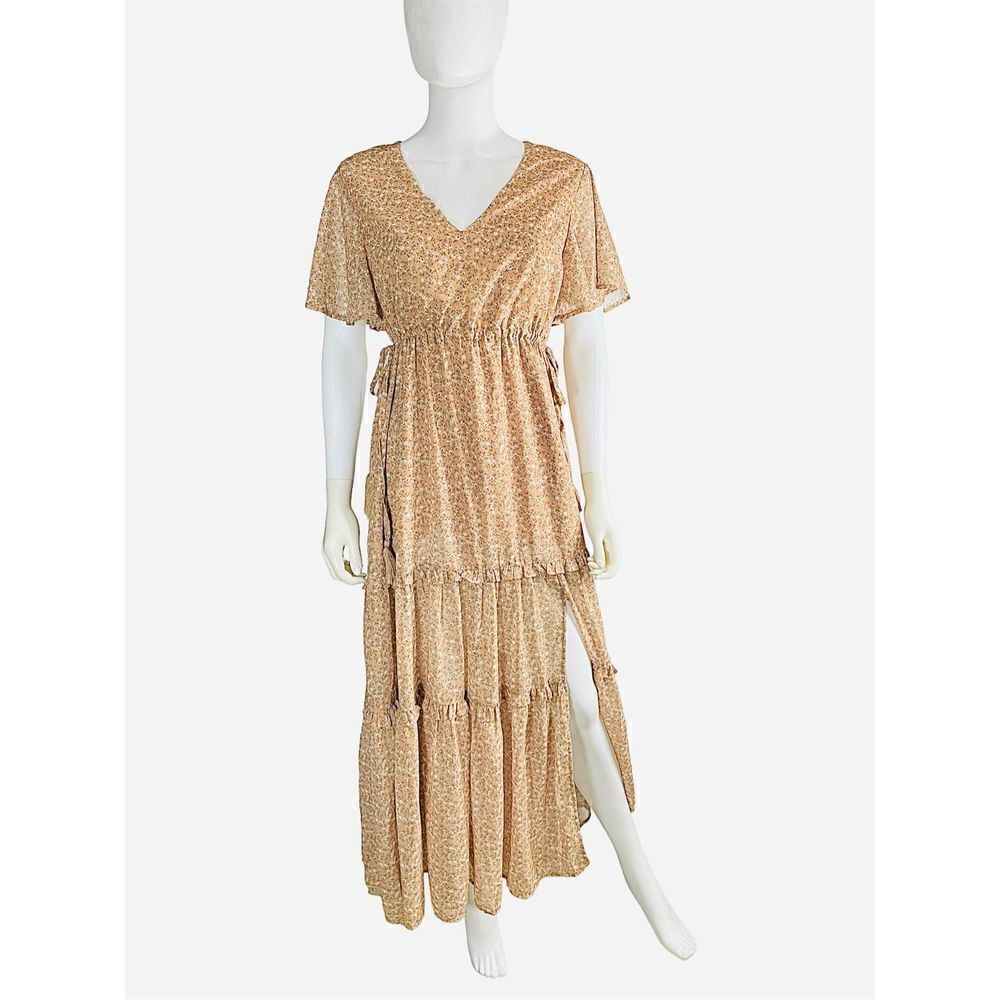 Floral Print V-Neck Beige Maxi Dress with Tiered Skirt